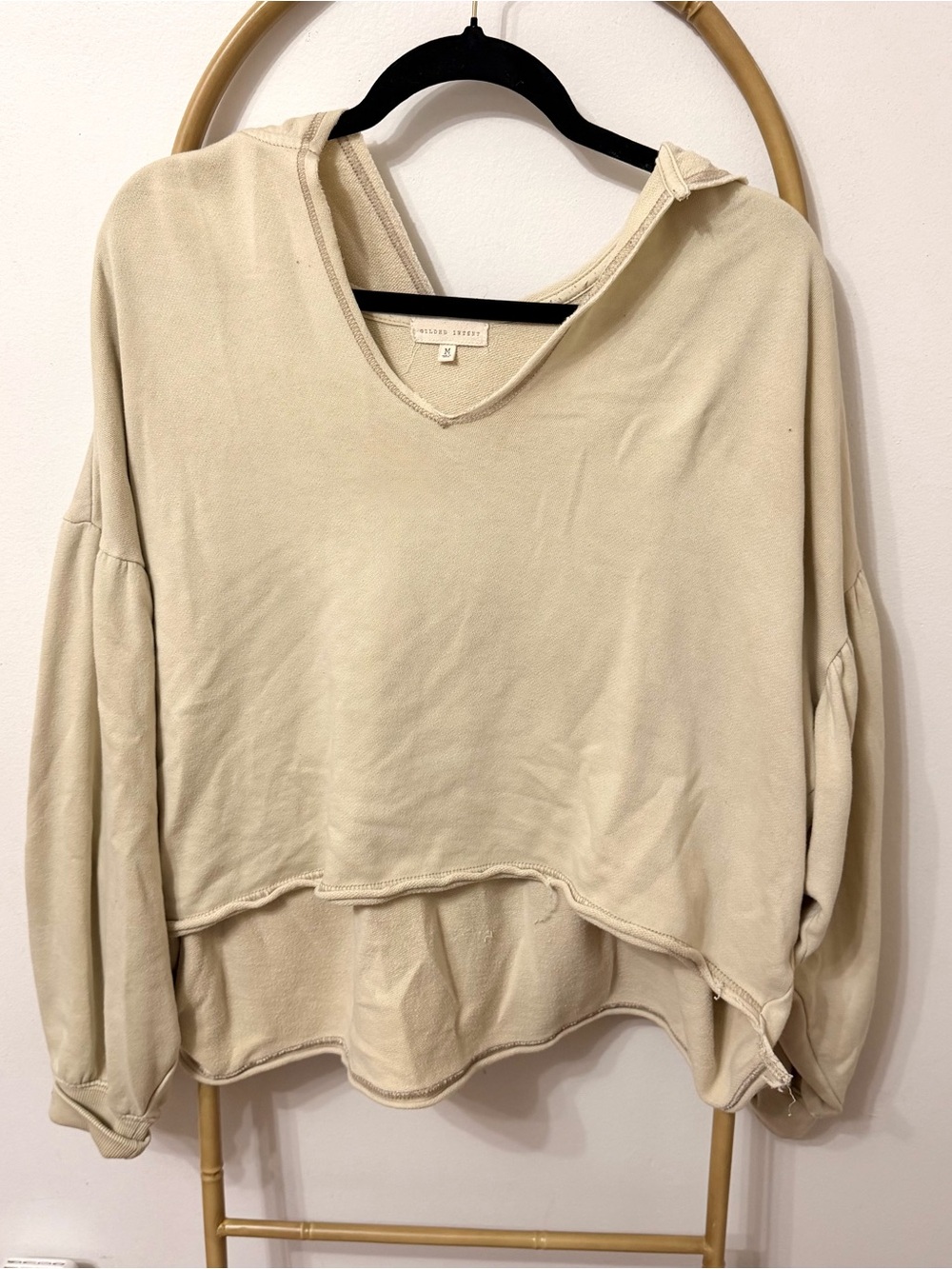 Beige Raw-Edge Hoodie Pullover